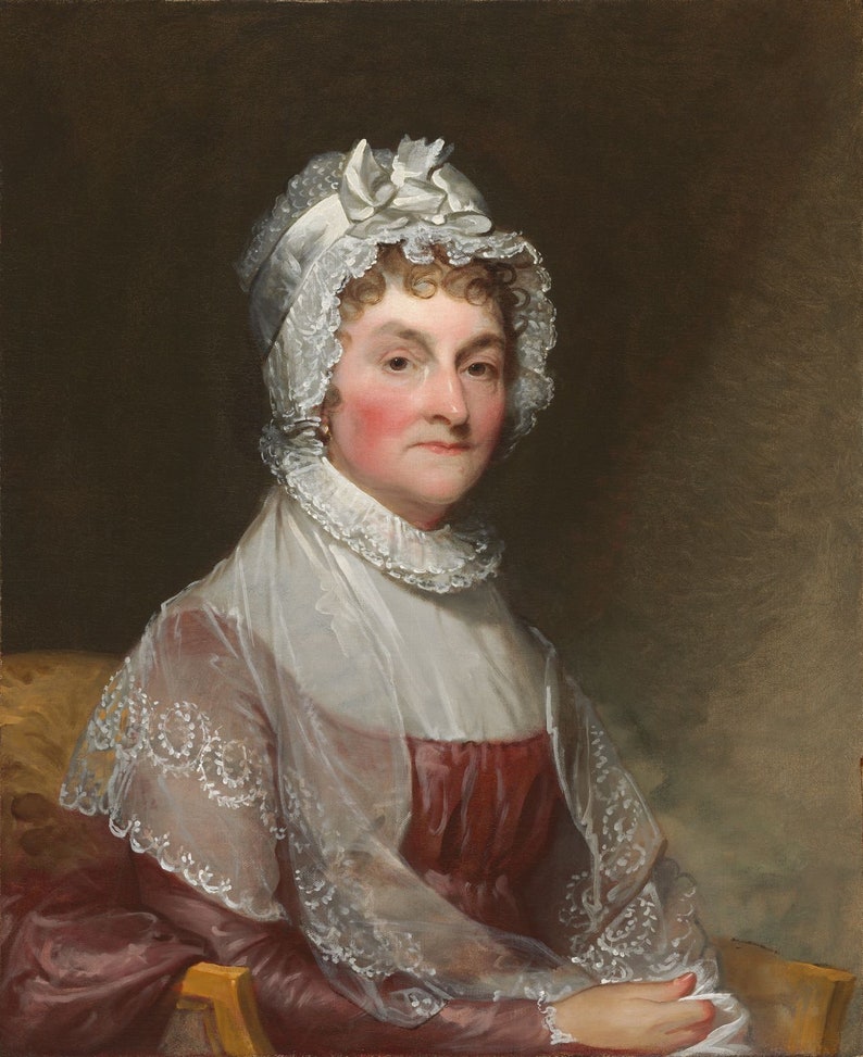 May include: A portrait painting of a woman wearing a white lace cap and a burgundy dress. She has a soft, gentle expression and her hair is pulled back from her face.