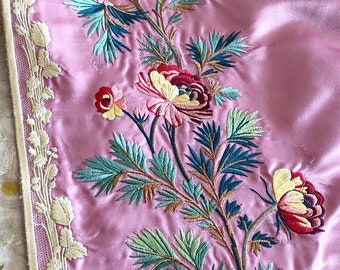 1780's - Pink and Yellow Floral Embroidery - Overgown skirt repeat only
