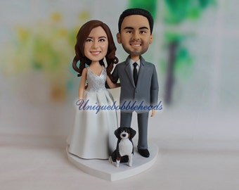 Custom Wedding Cake Topper: Polymer Clay Couple with Pets