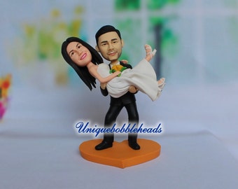 Custom Wedding Cake Topper: Groom Carrying Bride, Polymer Clay Figurine