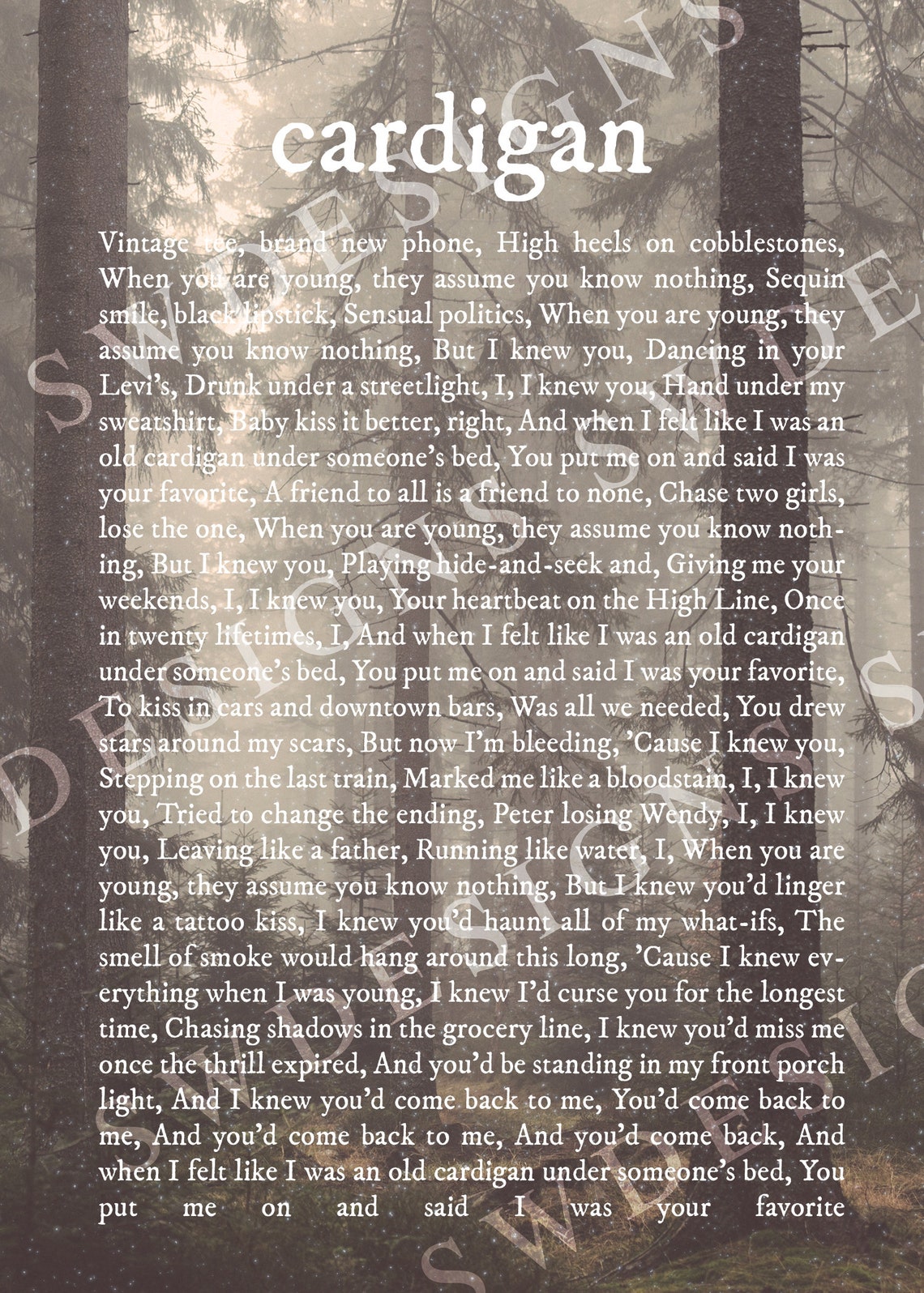 Cardigan LYRICS INSTANT DOWNLOAD Etsy