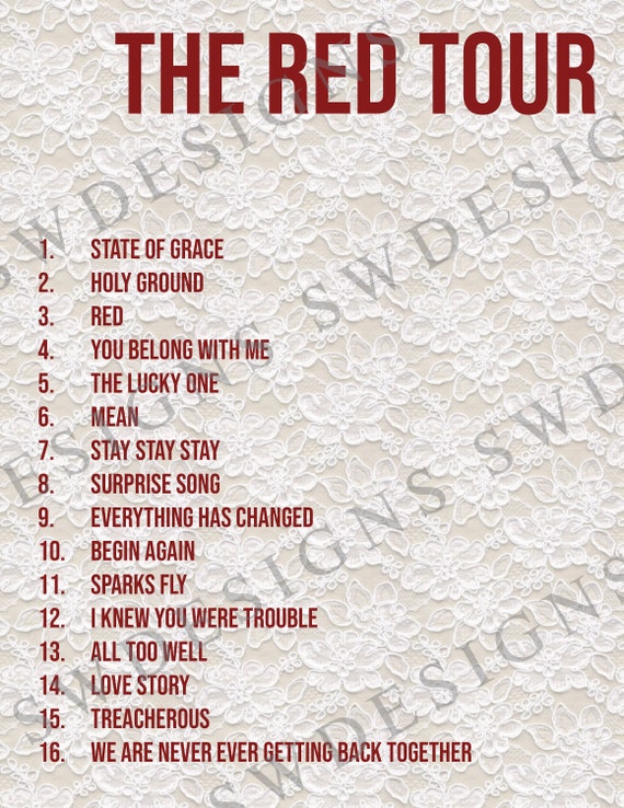 The Red Tour Setlist Instant Download