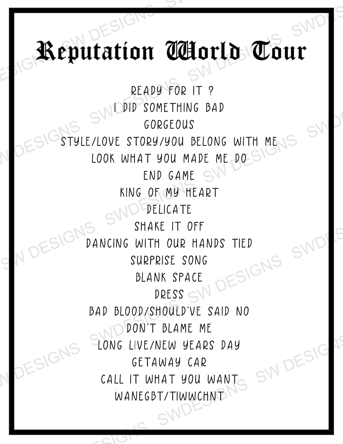Reputation World Tour Setlist / INSTANT DOWNLOAD / Digital Etsy