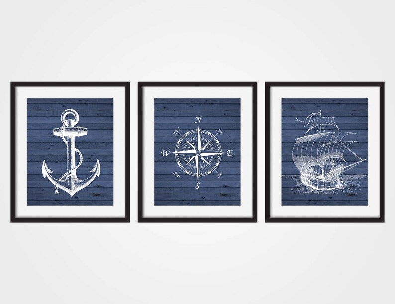 Nautical Wall Decor Blue Art Prints Ship Compass Print Maritime Boys Room