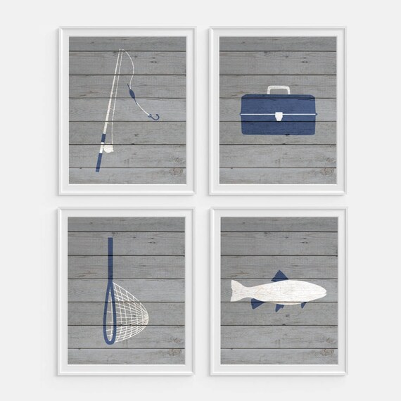 Fishing Art Prints Fish Wall Decor Boys Wall Art Gray Wall Etsy
