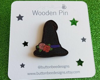 Halloween Wooden Floral Witch's Hat Pin