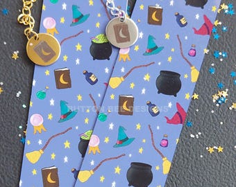 Handmade Halloween/Witch Themed Patterned Sublimated Metal Bookmarks with Engraved Charm