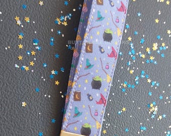 Handmade Witch Key Fob: Sublimated Fabric, Engraved Metal Charm (2 Sizes)