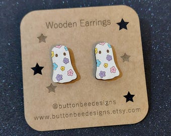 Wooden Floral Ghost Earrings