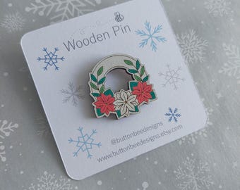 Christmas Poinsettia Wreath Wooden Pin