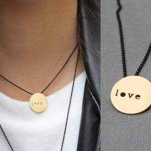 gold love necklace, Inspirational necklace, Gold Round pendant, love coin, Love Necklace, Love You Jewelry, Cutout necklac, stamped jewelry