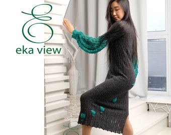 Everyday crochet dress eco-friendly. Merino silk long dress wide emerald sleeve. Warm maternity dress A-line deep grey. Comfy casual dress