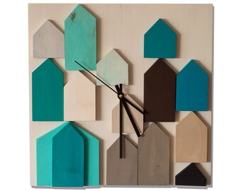 Wood wall clock 'Beach Village' / 3D Wood clock / Geometric mosaic wood clock with houses