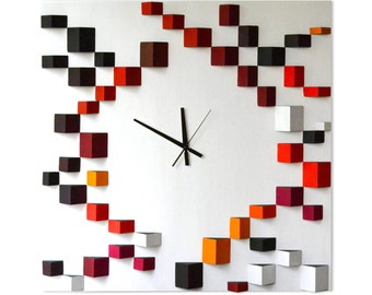 Deco Angle - 70x70 cm Oversize Large White Red Clock / Wall clock / 3D Mosaic Wood Wall Art