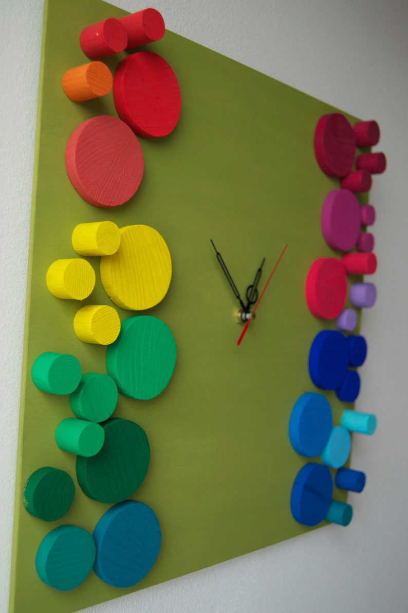 Deco Rainbow Bubbles / Wood Wall Clock / Geometric Mosaic / Etsy