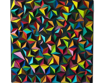 Tetra / 3 Sides Wood Wall Art / 3D Pyramids Mosaic in Rainbow colours / 50 x 50 cm / 20 x 20 inch/ custom made / 11 years making art