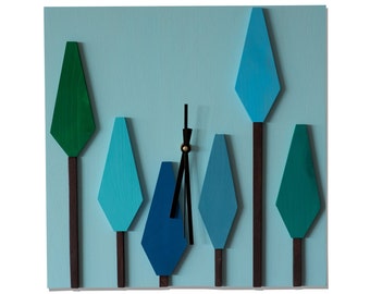 Blue forest / 3D Wood wall clock / Geometric trees mosaic