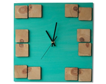 Wood wall clock 'Deco Astral' / Geometric mosaic / Turquoise clock painting