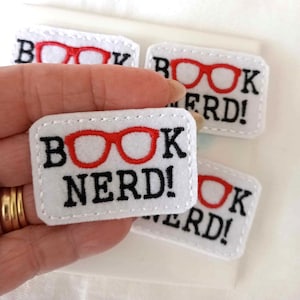 Book nerd embroidery feltie, book lover feltie, bow making supplies, bow embellishment, bow center embellishment, set of 4