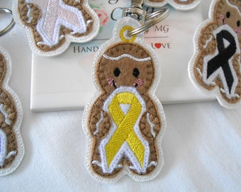 Cancer awareness charm for bag, cancer ribbon key chain for keys, gingerbread man charms, gingerbread man embroidery gift