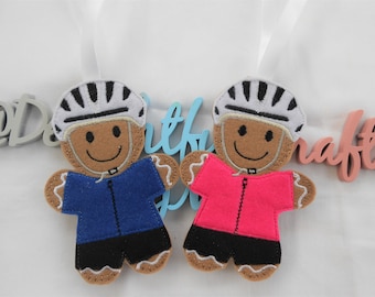 Cyclist gift for cyclist, cycling gifts for friends, cycle gift for fitness lover, felt embroidered gingerbread cyclist hanging decoration,