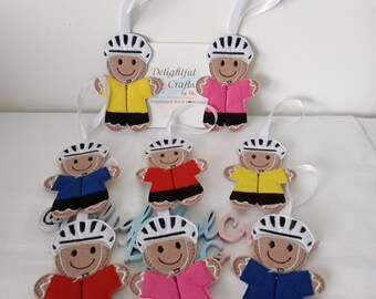 Cyclist gift for cyclist, cycling gifts for friends, cycle gift for fitness lover, felt embroidered gingerbread cyclist hanging decoration,