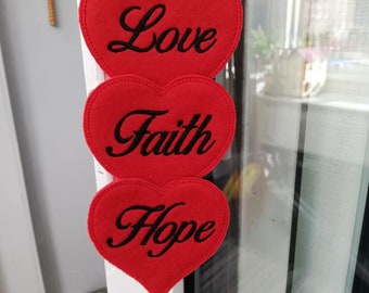 Felt embroidered heart hanging decoration, faith hope love hearts love sign, family heart gift ideas, felt heart ornament