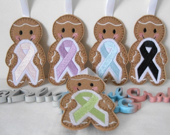 Cancer awareness gifts, cancer survivor, gingerbread man embroidery gift, cancer ribbon hanging decoration, cancer awareness ribbon gifts