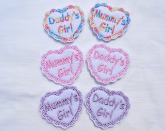 Mummys girl embroidery feltie, daddy's girl heart feltie, bow making supplies, bow embellishment, bow center embellishment, set of 4