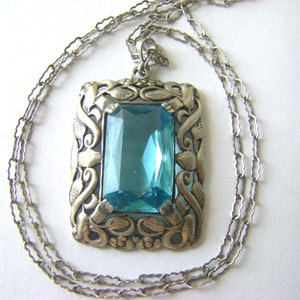 ANTIQUE STERLING NECKLACE Turquoise Antique Glass Pendant, Antique floral sterling necklace Sterling glass antique necklace image 1