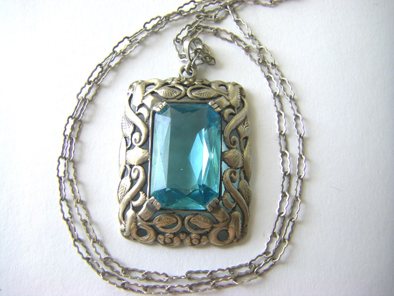 ANTIQUE STERLING NECKLACE Turquoise Antique Glass Pendant, Antique floral sterling necklace Sterling glass antique necklace image 1