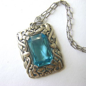 ANTIQUE STERLING NECKLACE Turquoise Antique Glass Pendant, Antique floral sterling necklace Sterling glass antique necklace image 4