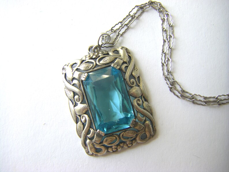 ANTIQUE STERLING NECKLACE Turquoise Antique Glass Pendant, Antique floral sterling necklace Sterling glass antique necklace image 4