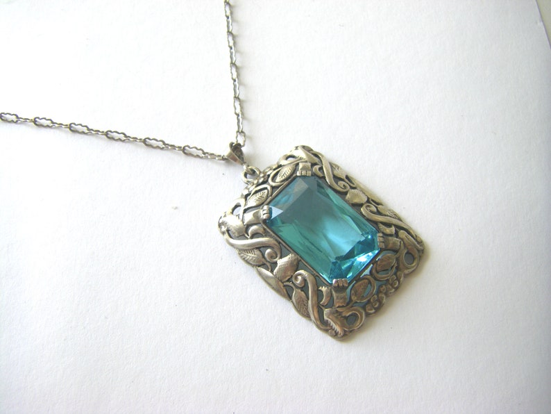 ANTIQUE STERLING NECKLACE Turquoise Antique Glass Pendant, Antique floral sterling necklace Sterling glass antique necklace image 3