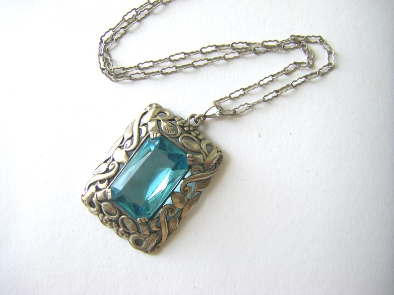 ANTIQUE STERLING NECKLACE Turquoise Antique Glass Pendant, Antique floral sterling necklace Sterling glass antique necklace image 2