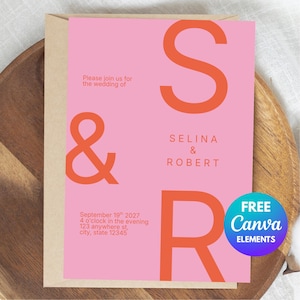 May include: A pink wedding invitation with large orange letters 'S' and 'R' and an ampersand. The invitation includes the names Selina & Robert, date, time, and address. A 'Free Canva Elements' badge is in the corner.
