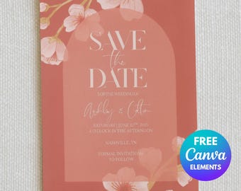 May include: A coral-colored wedding invitation with floral accents and the text "SAVE the DATE." The invitation includes details for Ashley & Colton's wedding on June 10th, 2025, in Nashville, TN. A "FREE Canva ELEMENTS" badge is in the corner.