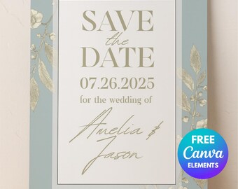 Vintage Floral Save the Date Template: Editable Botanical Wedding Announcement (Canva, 5x7" Digital Download)