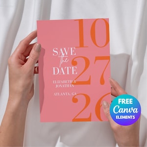 Könnte beinhalten: Eine korallenfarbene Hochzeitseinladung mit dem Text "SAVE THE DATE" in weißer Schrift. Große orangefarbene Zahlen "10 27 26" sind prominent. Die Namen "ELIZABETH & JONATHAN" und die Stadt "ATLANTA, GA" werden ebenfalls angezeigt. Ein "FREE Canva ELEMENTS"-Abzeichen befindet sich in der Ecke.