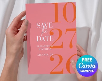 Bold Typographic Save the Date Template | Modern Retro Coral Pink Orange (Digital Download)