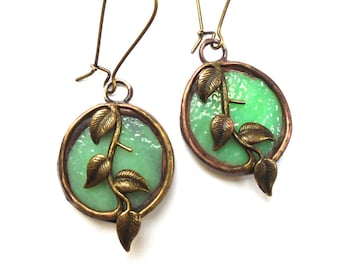Dangle Olive Branch Earrings, Stained Glass Earrings, Boho Earrings, Tree Branch, Autumn Jewelry, Nature Earrings, Earth Colors Earrings