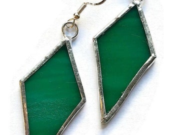 Stained Glass Emerald Green Earrings, Kite Shaped Earrings, Sterling, Everyday Earrings, Geometric Dangle Earrings, Girlfriend Gift