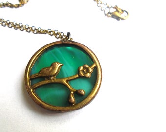 Bird on Branch Necklace. Turquoise Green Stained Glass Bird, Nature Jewelry, For Mom, Girlfriend Gift, Best friend gifts, FAST SHIPPING