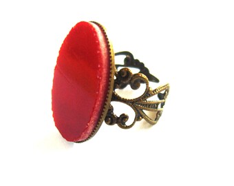 Red Glass Ring, Vintage style Filigree Ring with Red Art Glass, Romantic Jewelry, Adjustable Ring, Gift for her, Bronze ring