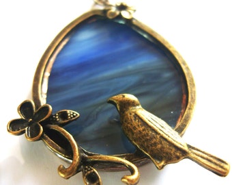 Blue Bird Necklace, Stained Glass Jewelry, Nature Jewelry, Bird and flower necklace, Gift gor her, Dark Blue Necklace, Bird lover Gift