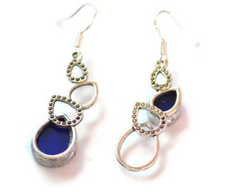 Long Tear Drops Earrings, Mismatched Earrings, Delicate Modern Jewelry, Stained Glass Party Earrings, Blue Silver Earrings, Gift for her
