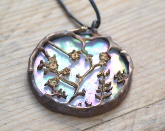 Ιridescent Necklace Cherry Blossom Tree Pendant Necklace Stained Glass Jewelry Nature Jewelry Birthday Gifts for Her Leather Necklace