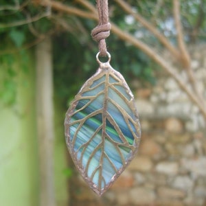 Leaf Pendant Leather Stained Glass Leaf Necklace Nature Jewelry Nature lover gift Bohemian Jewelry Contemporary Jewelry Nature inspired