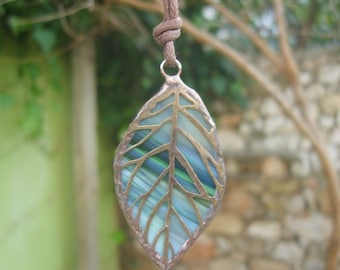 Leaf Pendant Leather Stained Glass Leaf Necklace Nature Jewelry Nature lover gift Bohemian Jewelry Contemporary Jewelry Nature inspired