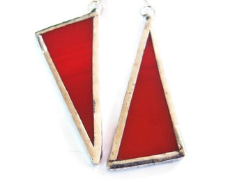 Triangle Earrings, Mismatched Earrings, Red Dangle Earring, Long Earrings, Stained Glass Jewelry, Geometric Earrings, Modern Earrings